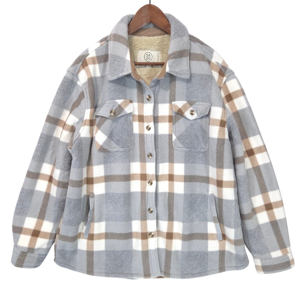 Sage Collective Plaid Sherpa Lined Shacket Women XL Grey Tan Flannel Cozy Warm